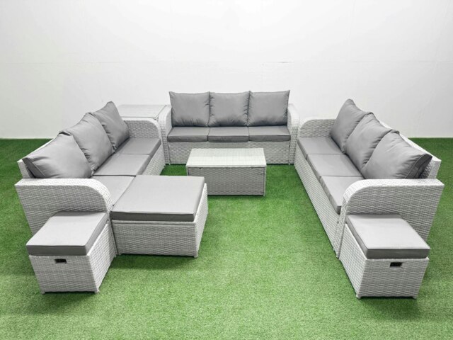 Rackhams PE Rattan Lounge Sofa Set 12 Seater Outdoor Garden Furniture Set with Rectangular Coffee Table 3 Seater Sofa 3 Stools Side Table Light Grey - image 1