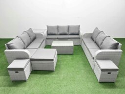 Rackhams PE Rattan Lounge Sofa Set 12 Seater Outdoor Garden Furniture Set with Rectangular Coffee Table 3 Seater Sofa 3 Stools Side Table Light Grey - thumbnail 1