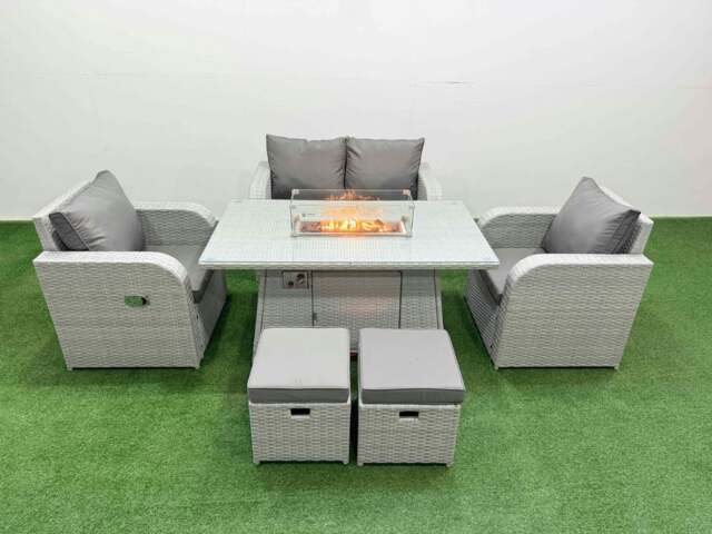 Rackhams Light Grey PE Wicker Rattan Garden Furniture Set Sofa Set Reclining Chair Fire Pit Dining Table 6 Seater 2 Small Stools - image 1
