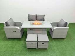Rackhams Light Grey PE Wicker Rattan Garden Furniture Set Sofa Set Reclining Chair Fire Pit Dining Table 6 Seater 2 Small Stools - thumbnail 1