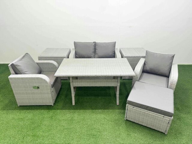 Rackhams Light Grey PE Wicker Rattan Garden Furniture Set Sofa Set Reclining Chair Rectangular Dining Table 5 Seater With Footstool 2 Side Table - image 1