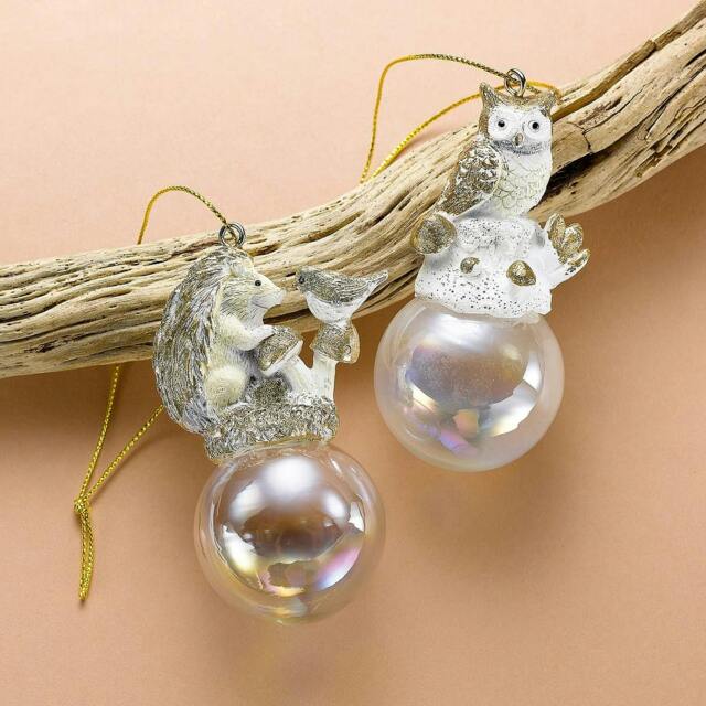 Rackhams Bauble Set of 2, Iridescent Glass, Owl & Hedgehog Christmas Ornaments