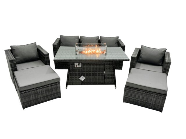 Rackhams Rattan Garden Furniture Fire Pit Dining Set 7 Seater Lounge Sofa Table Set with 2 big Footstool - image 1