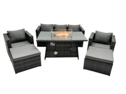 Rackhams Rattan Garden Furniture Fire Pit Dining Set 7 Seater Lounge Sofa Table Set with 2 big Footstool - thumbnail 1