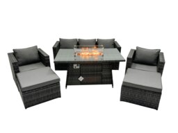 Rackhams Rattan Garden Furniture Fire Pit Dining Set 7 Seater Lounge Sofa Table Set with 2 big Footstool - thumbnail 2