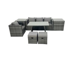 Rackhams Rattan Dining Table Sofa Armchair Set with 2 Side Tables 2 Small Footstools Outdoor Garden Furniture Set Dark Grey Mixed - thumbnail 1