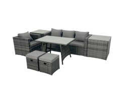 Rackhams Rattan Dining Table Sofa Armchair Set with 2 Side Tables 2 Small Footstools Outdoor Garden Furniture Set Dark Grey Mixed - thumbnail 2