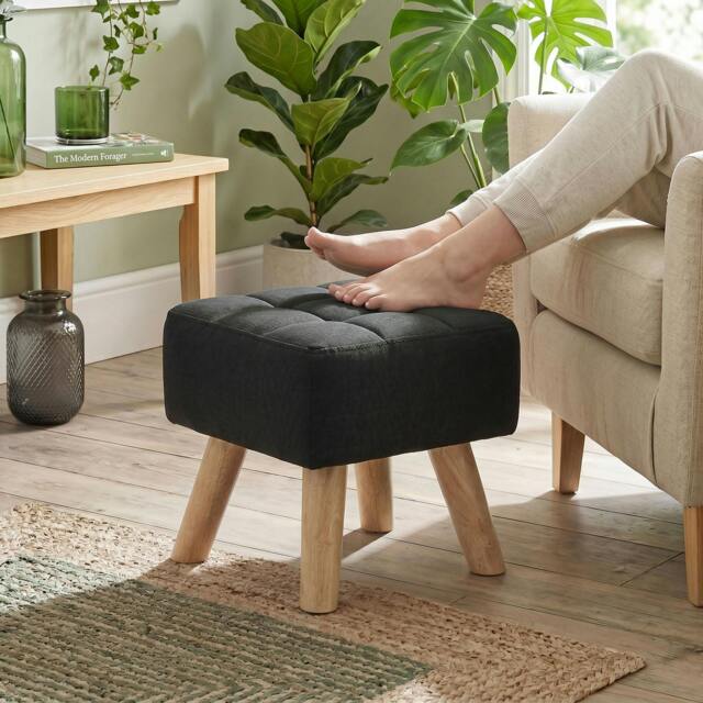 Rackhams Modern Footstool, Fabric Foot Rest with Rubber Wood Legs - Black - image 1