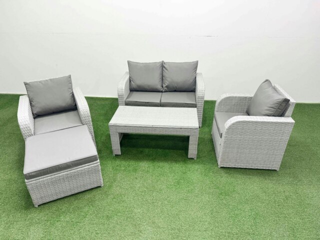 Rackhams Light Grey PE Wicker Rattan Garden Furniture Set Sofa Set Reclining Adjustable Chair Oblong Coffee Table 5 Seater With Footstool - image 1