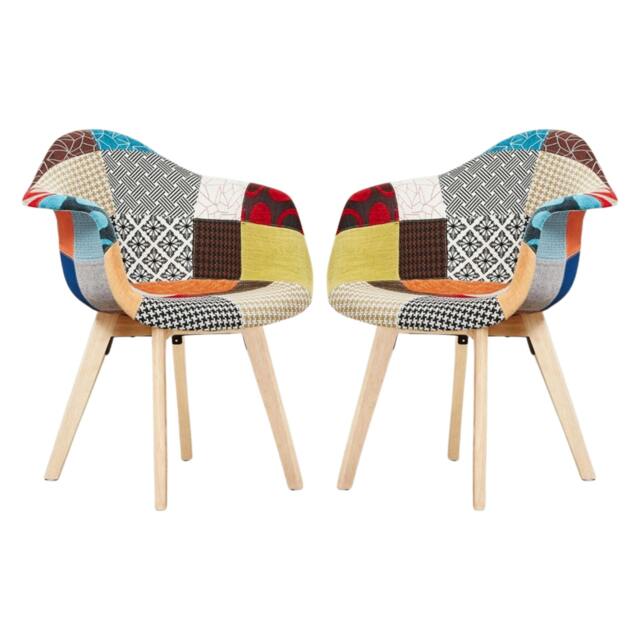 Rackhams Set of 2 Patchwork Multicolor Fabaric Upholstered Accent Chairs with Wooden Legs, Mid-Century Modern Armchair - Fabric - Multicolor - Retro - image 1