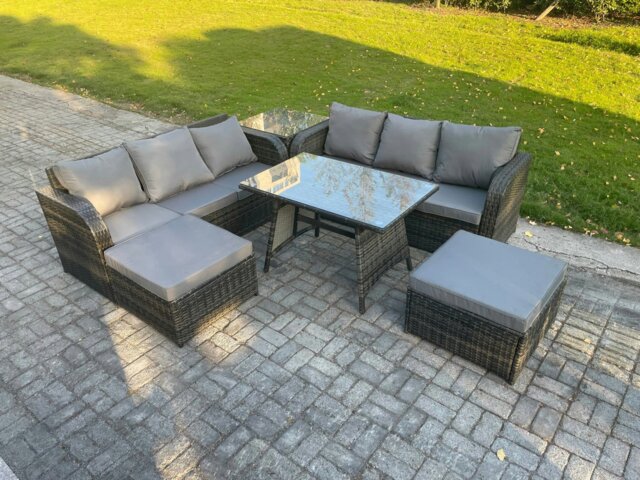 Rackhams Rattan Garden Furniture Dining Set 8 seater Patio Rectangular Table 2 Big Footstool Side Table Dark Grey Mixed - image 1