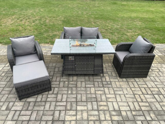 Rackhams Rattan Outdoor Garden Furniture Set Gas Fire Pit Dining Table with Chair Love seat Sofa Footstool - image 1