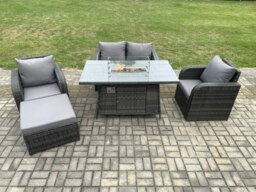 Rackhams Rattan Outdoor Garden Furniture Set Gas Fire Pit Dining Table with Chair Love seat Sofa Footstool - thumbnail 1