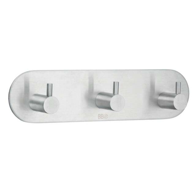 Rackhams Brushed Stainless Steel Triple Towel Hook (190 x 48mm) Self Adhesive Bathroom Wall Mounted