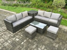Rackhams Rattan Garden Furniture Set Outdoor Patio Sofa Set with Oblong Coffee Table Side Table 2 Small Footstools 8 Seater Dark Grey Mixed - thumbnail 2