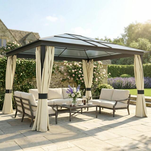 Rackhams 4 x 3.6m Hardtop Gazebo Canopy w/ Polycarbonate Roof & Aluminium Frame - image 1
