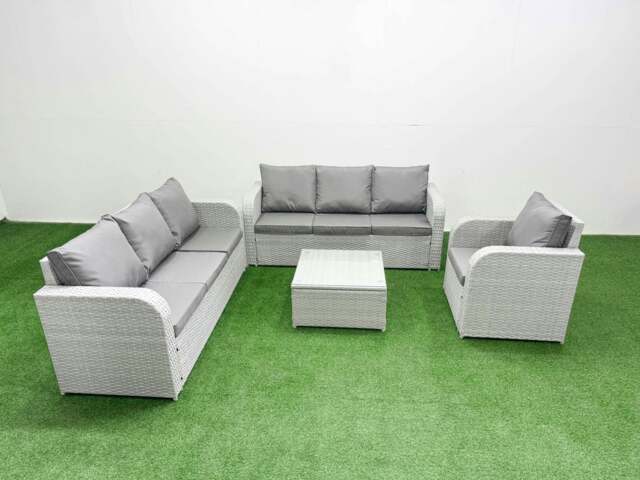 Rackhams 7 Seater Poly Rattan Outdoor Garden Furniture Square Coffee Table Sofa Set Patio 3 Seater Sofa Reclining Chair 3 Seater Sofa Light Grey - image 1