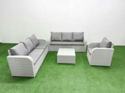 Rackhams 7 Seater Poly Rattan Outdoor Garden Furniture Square Coffee Table Sofa Set Patio 3 Seater Sofa Reclining Chair 3 Seater Sofa Light Grey - thumbnail 1