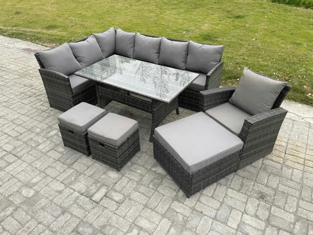 Rackhams 10 Seater Outdoor Rattan Garden Furniture Set with Rectangular Dining Table 3 Footstool Armchiar Patio Wicker Corner Sofa Set Dark Grey Mixed - image 1