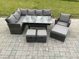 Rackhams 10 Seater Outdoor Rattan Garden Furniture Set with Rectangular Dining Table 3 Footstool Armchiar Patio Wicker Corner Sofa Set Dark Grey Mixed - thumbnail 2