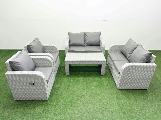 Rackhams 6 Seater Outdoor Reclining Chair Love Sofa Set Rattan Garden Furniture Set with Oblong Coffee Table Light Grey - image 1
