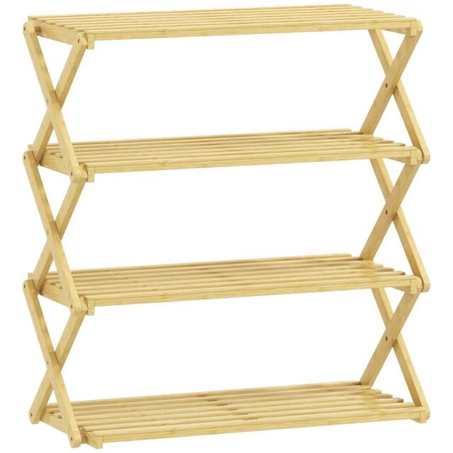 Rackhams Four-Tier Folding Bamboo Shoe Rack - Natural Finish