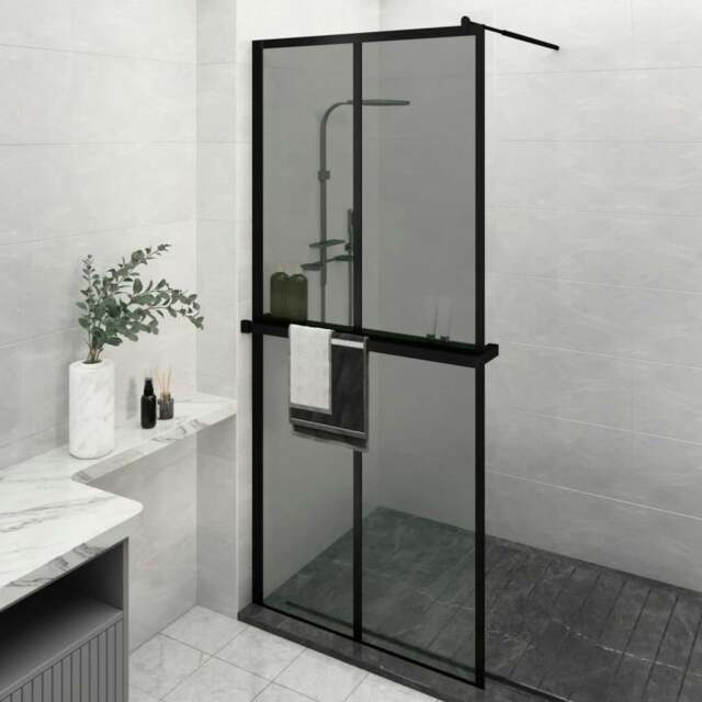 Rackhams Walk-in Shower Wall with Shelf Black 90x195 cm ESG Glass&Aluminium
