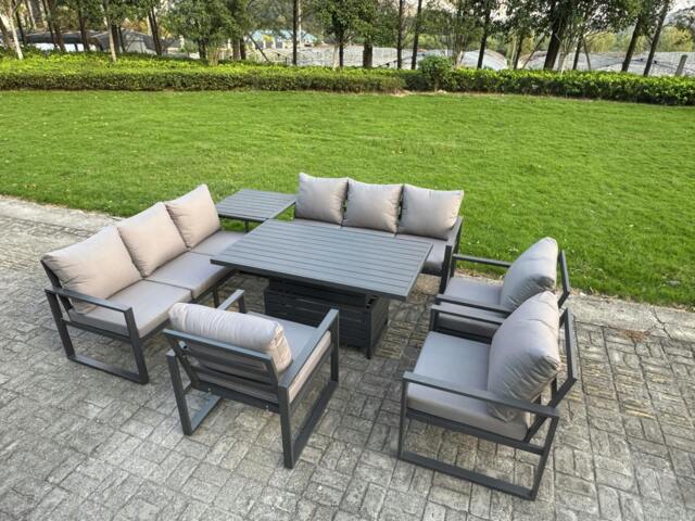 Rackhams 9 Seater Aluminium Garden Furniture Set with Adjustable Rising Dining Table, 2 Sofas, Side Table & 3 Chairs - Grey - image 1