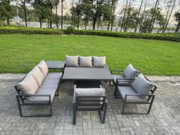 Rackhams 9 Seater Aluminium Garden Furniture Set with Adjustable Rising Dining Table, 2 Sofas, Side Table & 3 Chairs - Grey - thumbnail 2