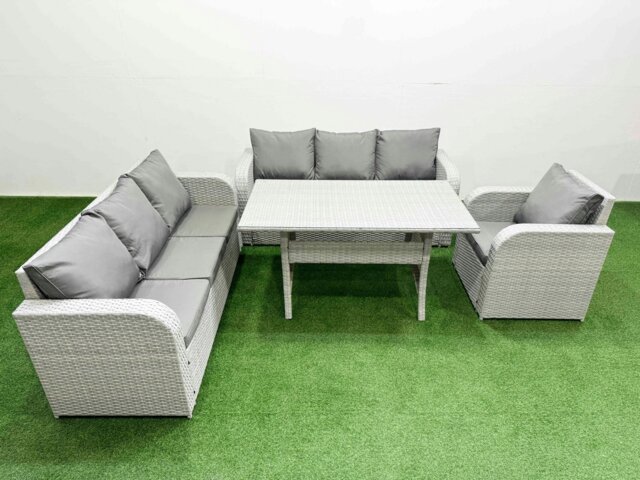 Rackhams 7 Seater Poly Rattan Outdoor Garden Furniture Rectangular Dining Table Sofa Set Patio 3 Seater Sofa Reclining Chair 3 Seater Sofa Light Grey - image 1
