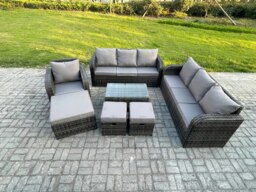 Rackhams 10 Seater Rattan Lounge Sofa Set Outdoor Garden Furniture Set with Rectangular Coffee Table 3 Seater Sofa 3 Footstools Dark Grey Mixed - thumbnail 1