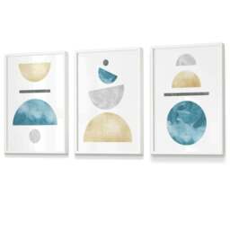 Rackhams Yellow and Aqua Blue Abstract Mid Century Geometric Set of 3 Framed Wall Art - 59x84cm (A1) - Light Oak - thumbnail 3
