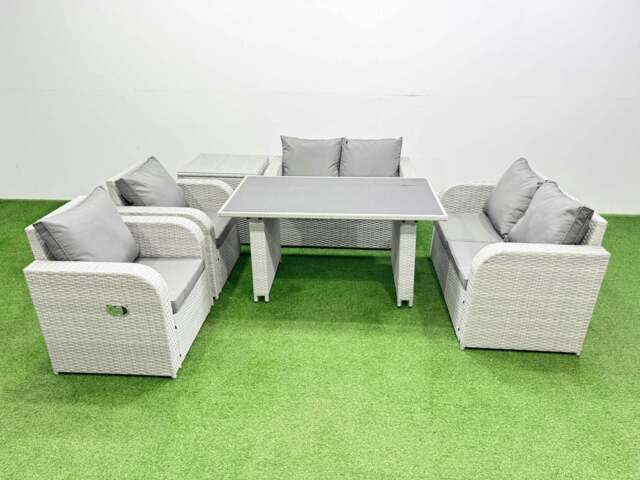 Rackhams Outdoor PE Rattan Sofa Reclining Chair Set Patio Garden Furniture Sets with Cushions Side Table Light Grey 6 Pieces - image 1