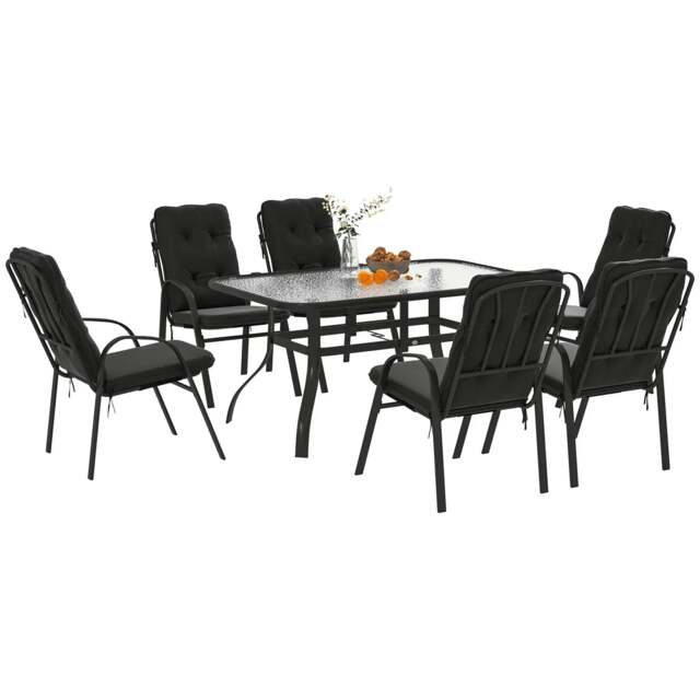 Rackhams Seven-Piece Garden Dining Set with Cushions - Black