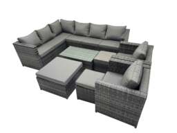 Rackhams Outdoor Rattan Rectangular Coffee Table Corner Sofa Sets Garden Furniture Set with 2 Chairs 3 Stools Dark Grey Mixed - thumbnail 1