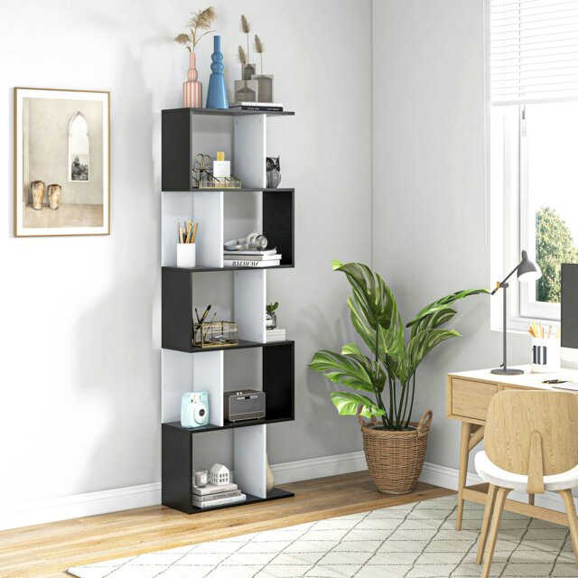 Rackhams 5-tier Display Shelving Storage Bookcase S Shape design Unit Natural - Black - image 1