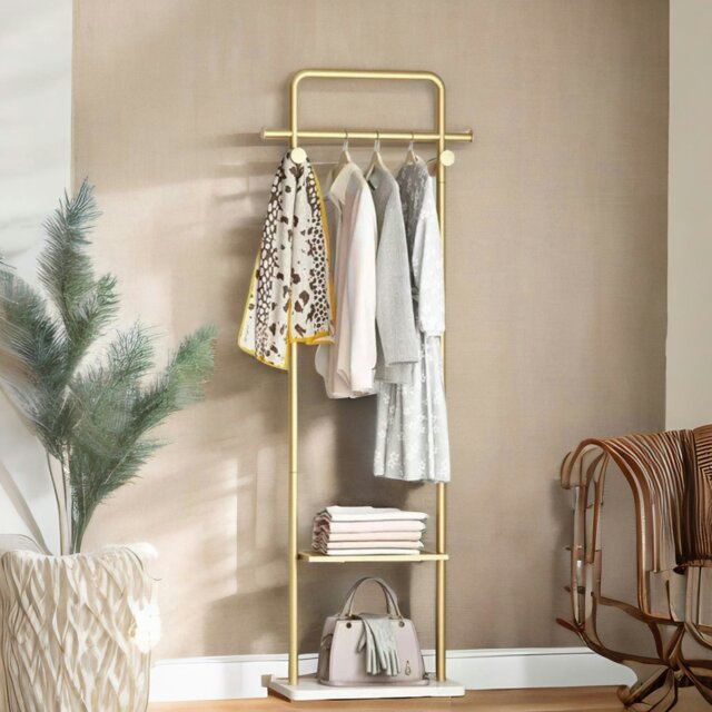 Rackhams Metal Double Coat Stand With 4 Hooks And Hanging Rail Gold - image 1