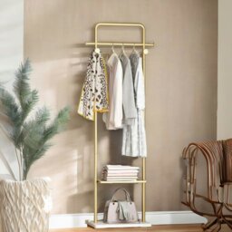 Rackhams Metal Double Coat Stand With 4 Hooks And Hanging Rail Gold - thumbnail 1