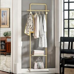 Rackhams Metal Double Coat Stand With 4 Hooks And Hanging Rail Gold - thumbnail 4