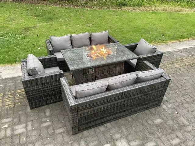 Rackhams Rattan Garden Furniture Set with Gas Fire Pit Dining Table, 2 Sofas, 2 Armchairs - 8 Seater - Dark Grey - image 1