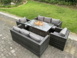 Rackhams Rattan Garden Furniture Set with Gas Fire Pit Dining Table, 2 Sofas, 2 Armchairs - 8 Seater - Dark Grey - thumbnail 2