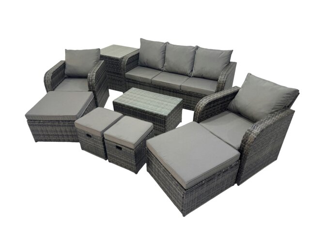 Rackhams Outdoor Reclining Chair 3 Seater Sofa Coffee Table Set Garden Rattan Furniture Set 9 Seater with 4 Stools Side Table Dark Grey - image 1
