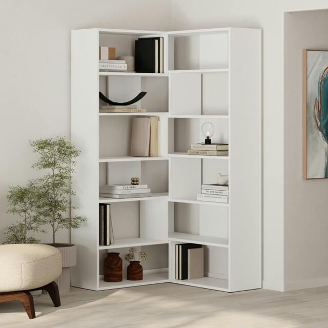 Rackhams Molly Corner Bookcase 5 Tier Wall Mounted 178.6x93.6x29.6cm - White - image 1