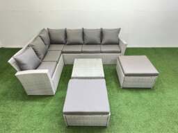 Rackhams Outdoor Rattan Garden Furniture Set 8 Seater Corner Sofa Sets with Square Coffee Table 2 Big Footstools Light Grey Mixed - thumbnail 2