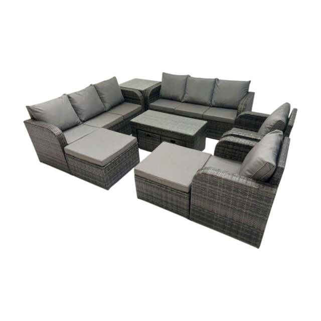 Rackhams Rattan Garden Outdoor Furniture Set 3 Seater Sofa Reclining Chair Coffee Table with 4 Footstools Side Table Dark Grey Mixed - image 1