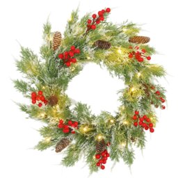 Rackhams 60 cm Prelit Christmas Wreath, Door Wreath with Realistic Branches - Green, White - PE, Metal - Christmas Wreath - thumbnail 2
