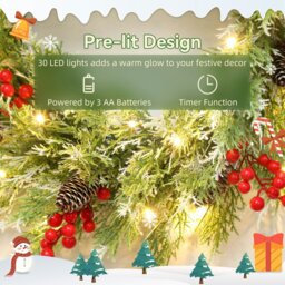 Rackhams 60 cm Prelit Christmas Wreath, Door Wreath with Realistic Branches - Green, White - PE, Metal - Christmas Wreath - thumbnail 6