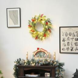 Rackhams 60 cm Prelit Christmas Wreath, Door Wreath with Realistic Branches - Green, White - PE, Metal - Christmas Wreath - thumbnail 1