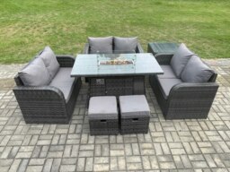 Rackhams Rattan Outdoor Garden Furniture Sofa Set Gas Fire Pit Dining Table Gas Heater with Side Tables Love Sofa 2 Small Footstools Dark Grey Mixed - thumbnail 1