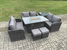 Rackhams Rattan Outdoor Garden Furniture Sofa Set Gas Fire Pit Dining Table Gas Heater with Side Tables Love Sofa 2 Small Footstools Dark Grey Mixed - thumbnail 2